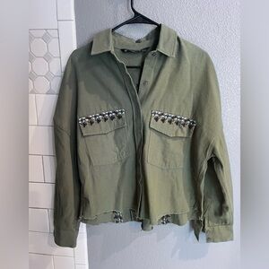 Zara Khaki Utility shirt Jacket with Embroidered Accents and tassels size small